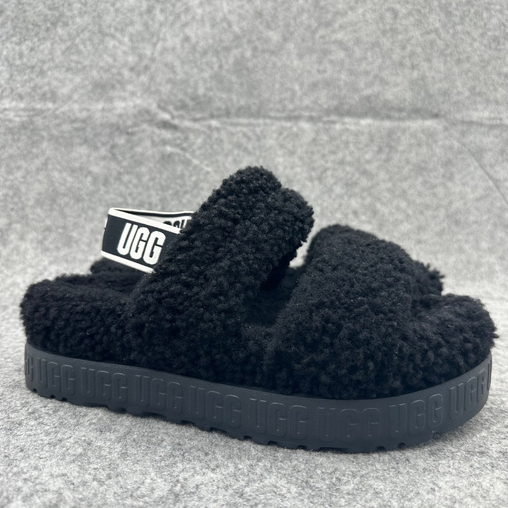 UGG Fluffita Slide Womens 9 Black Sheepskin Shearling Slipper Sandal Fuzzy Fur